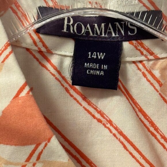 Roamans Sz 14W Button-Down Shirt 3/4 Sleeve Floral/Stripe Pattern Peach & White - Picture 2 of 12